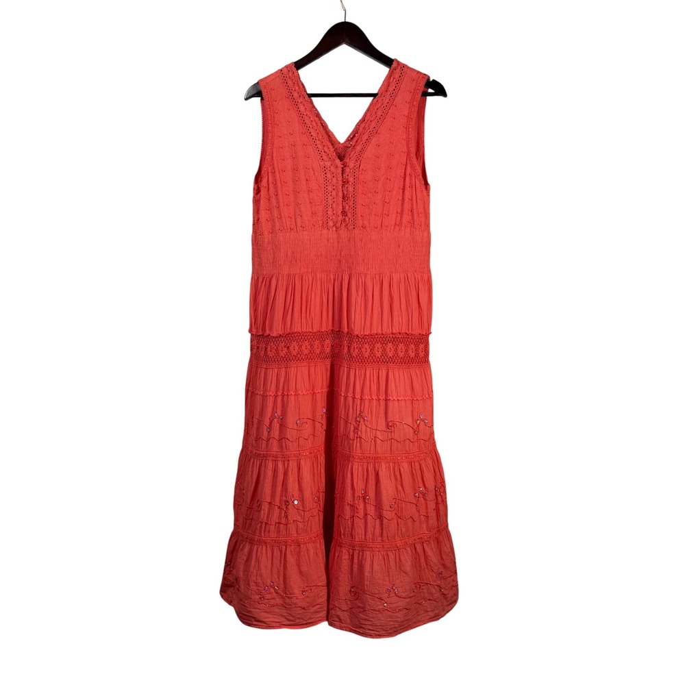S.R. Fashions Women‎ XL Coral Orange Crochet Lace Tiered Embroidered Maxi Dress